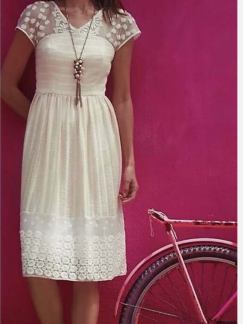 Anthropologie- Moulinette Soeurs -Ivory Lace-Trim Midi Dress with Sheer Dot Yoke